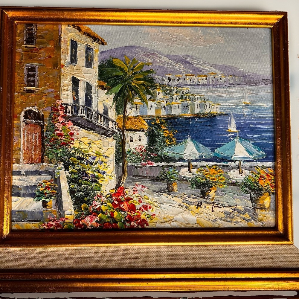 Signed Mediterranean Coastal Village Palette Knife Oil Painting Framed - Picture 2 of 15